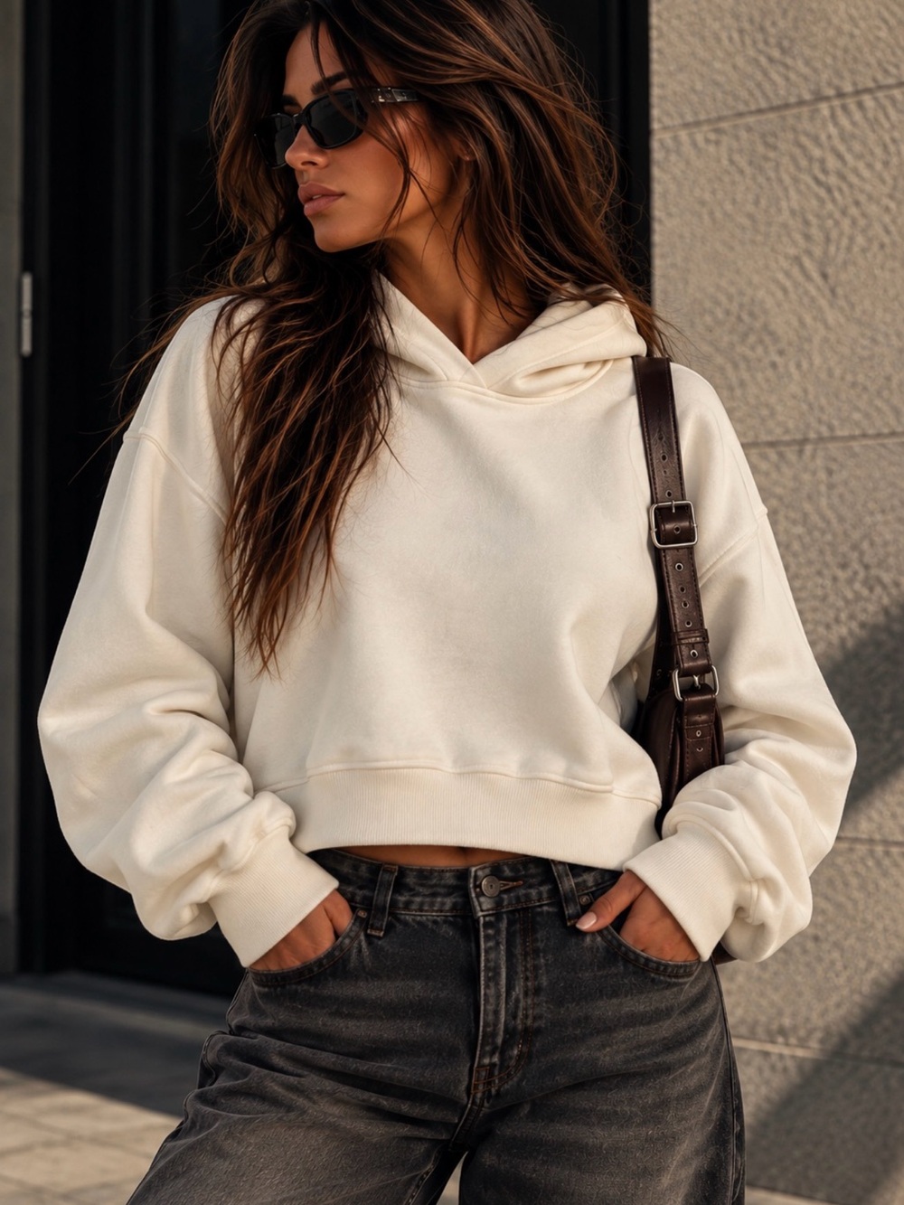 Forever 21 Cream Oversized Cropped Hoodie